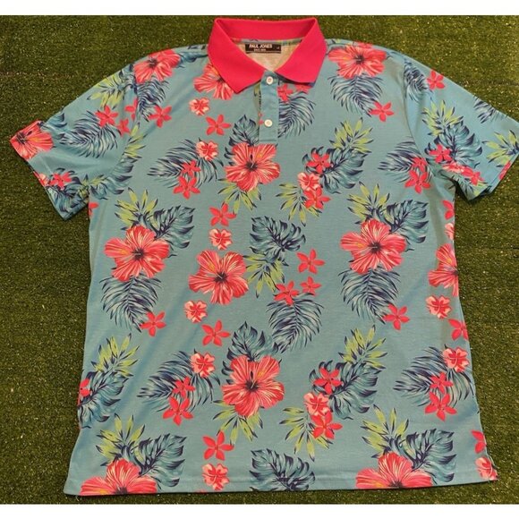 Paul Jones polo mens large pink blue lighweight breathable floral hawaiian 41 - Picture 2 of 12